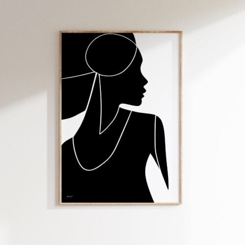 תמונות מודרניות לסלון בשחור לבן, ציור מקורי לבית מציג סילואט אשה עדין ופשוט.