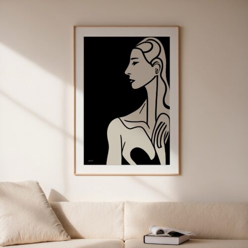 הדפסת תמונות ייחודית של דמות נשית בקווים נקיים, ציור מקורי לבית בהשראת וינטג' ועיצוב נורדי.