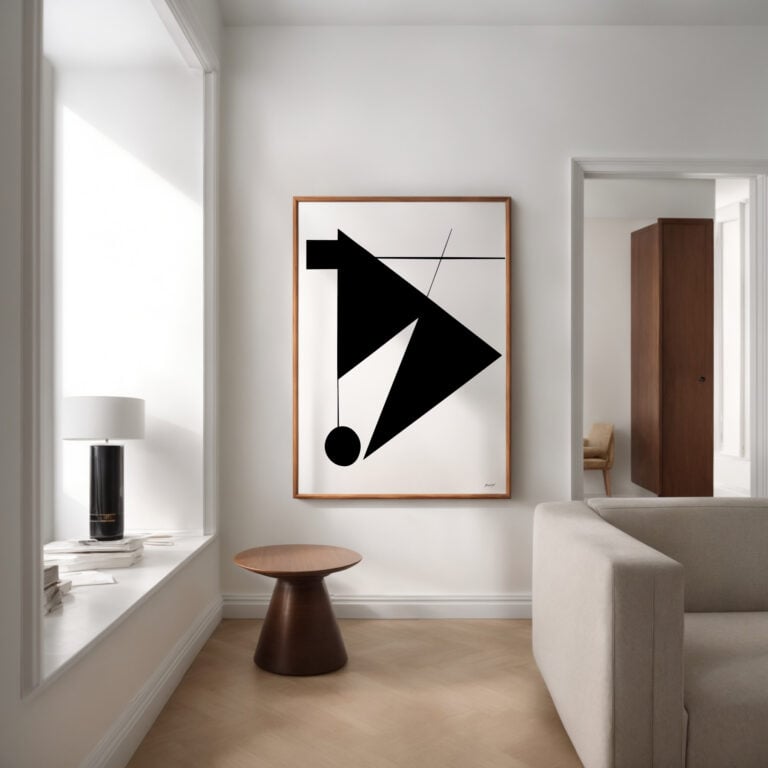 תמונות למכירה עם ציור אבסטרקט מינימליסטי של צורות גאומטריות בשחור לבן.