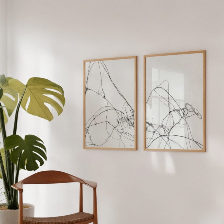 תמונות אבסטרקט בציור קו מינימליסטי מונוכרומטי בשחור ולבן, זוג יצירות אמנות מודרניות בסגנון אבסטרקטי ופשוט.