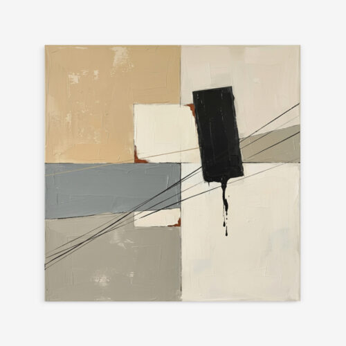 Minimalist geometric abstract print with dripping black ink on neutral background