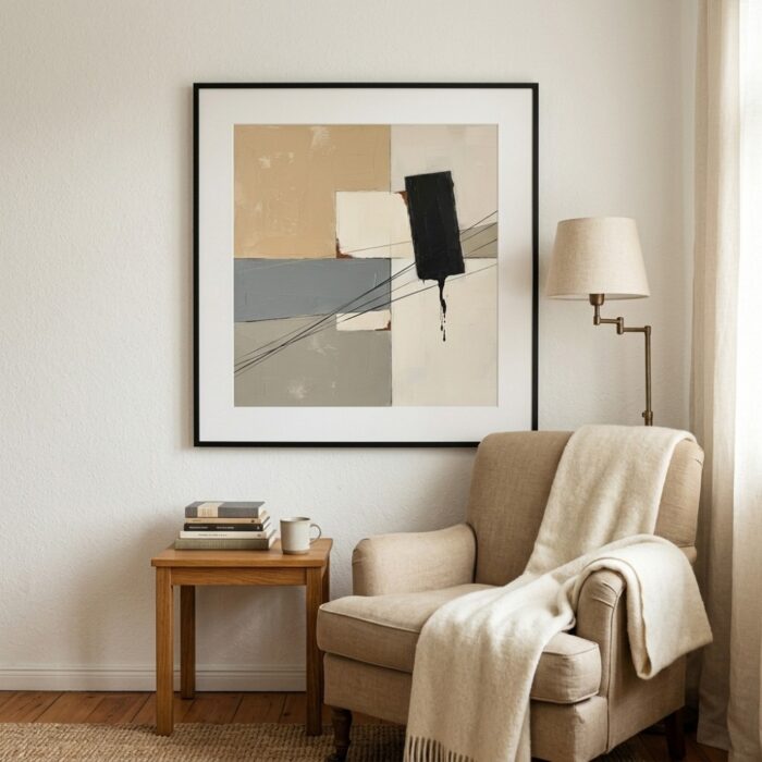 Black tension lines over cream geometric shapes fine art wall print