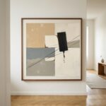 Neutral toned abstract art print with bold black drip detail