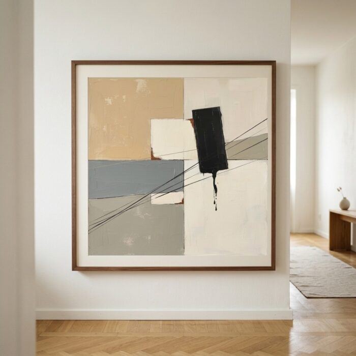 Neutral toned abstract art print with bold black drip detail