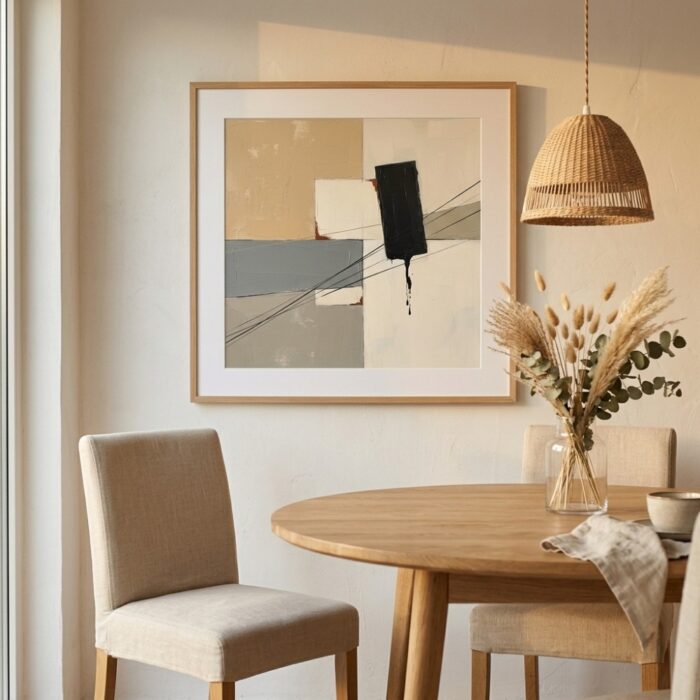 Modern geometric wall art featuring black drips on beige canvas