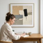 Framed neutral geometry abstract print with black tension lines bedroom art