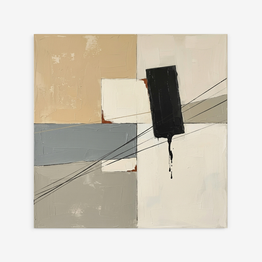 Minimalist geometric abstract print with dripping black ink on neutral background