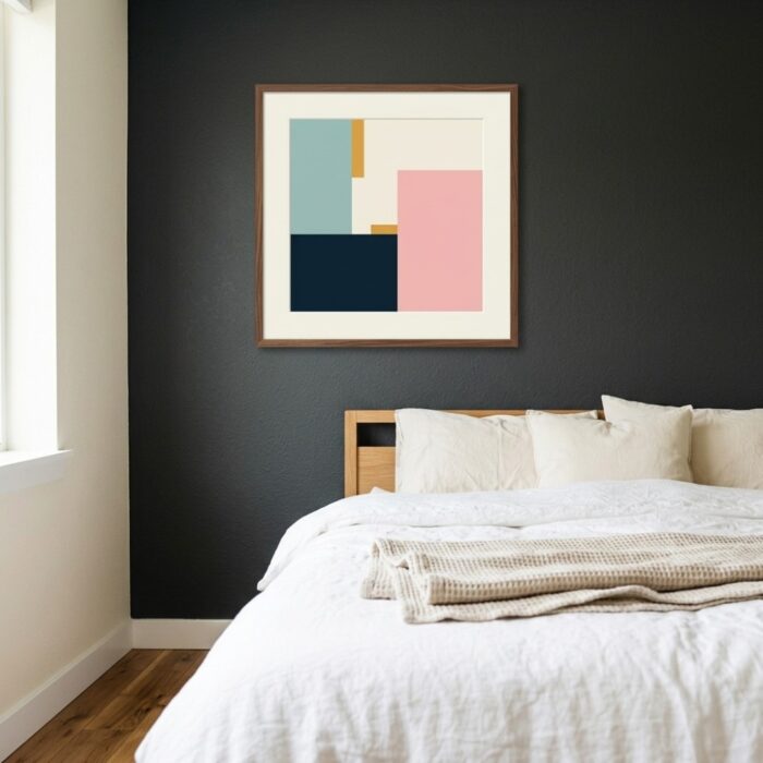 Muted Harmony abstract print styled in minimalist Scandinavian living room