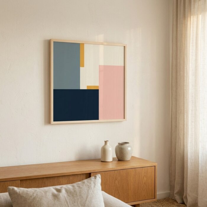 Warm neutral color block wall art with overlapping muted geometric rectangles