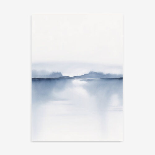 Soft blue watercolor painting showing misty mountains reflected in calm lake water with cloudy sky above