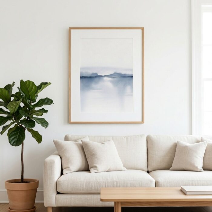 Soft blue and grey watercolor painting of misty mountains reflected in calm lake water in wooden frame