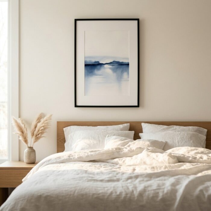 Serene watercolour painting with soft blue and grey washes depicting misty lake landscape, framed in black above bed