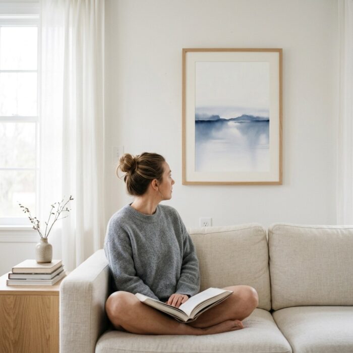 Serene watercolor painting featuring soft blue and indigo tones depicting misty mountains reflected in calm lake waters