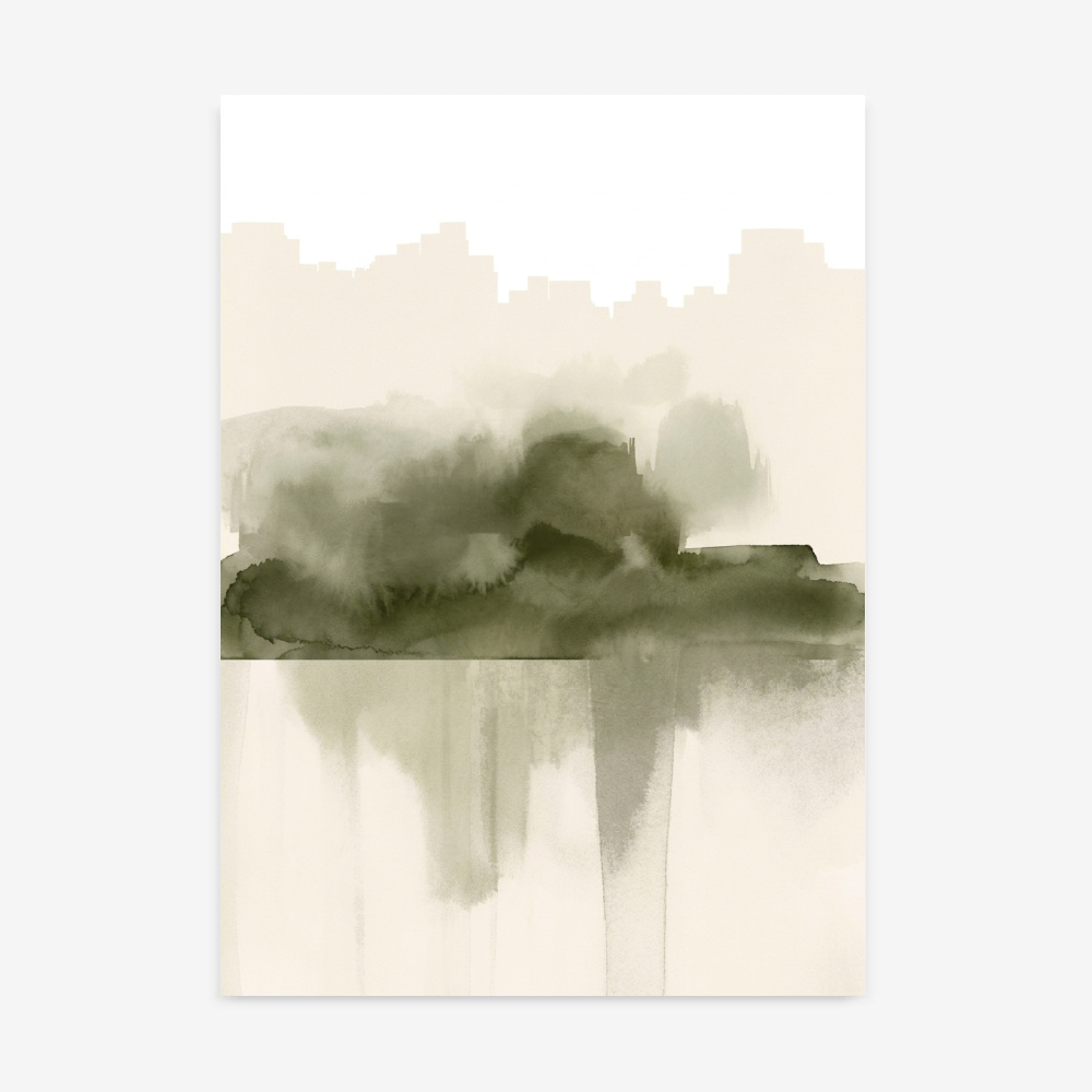 Minimalist olive green watercolor abstract landscape art print for living room