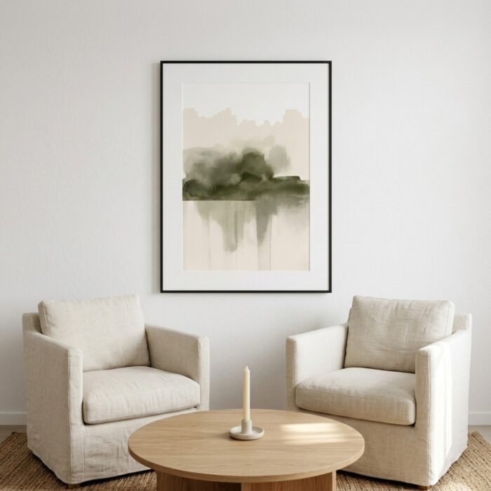 Soft sage and ivory watercolor brushstroke landscape fine art print