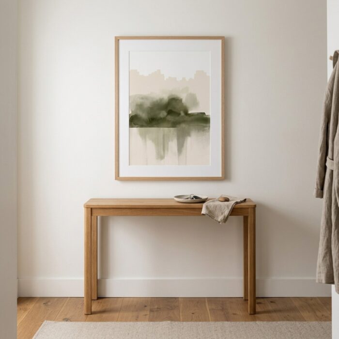 Abstract olive haze watercolor art print framed in modern interior