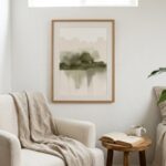 Muted green minimalist watercolor landscape print for bedroom wall decor