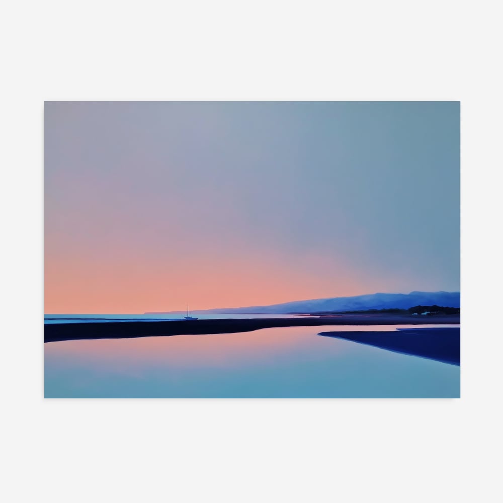 תמונת אבסטרקט מינימליסטית של סירת מפרש בגווני כחול ורוד דמדומים לסלון